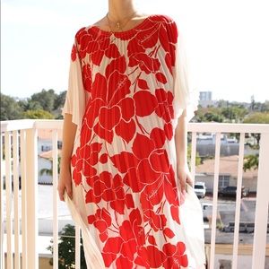 Red and White Pleated Tropical Floral Maxi Dress